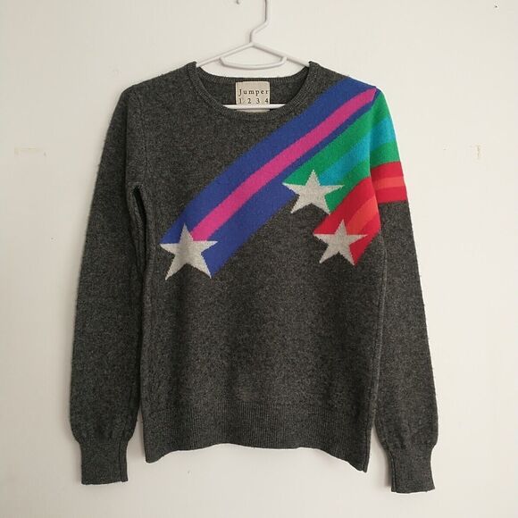 Jumper 1234 Sweater Pullover Women XS Gray 100% Cashmere Striped Star Luxury - Picture 1 of 10